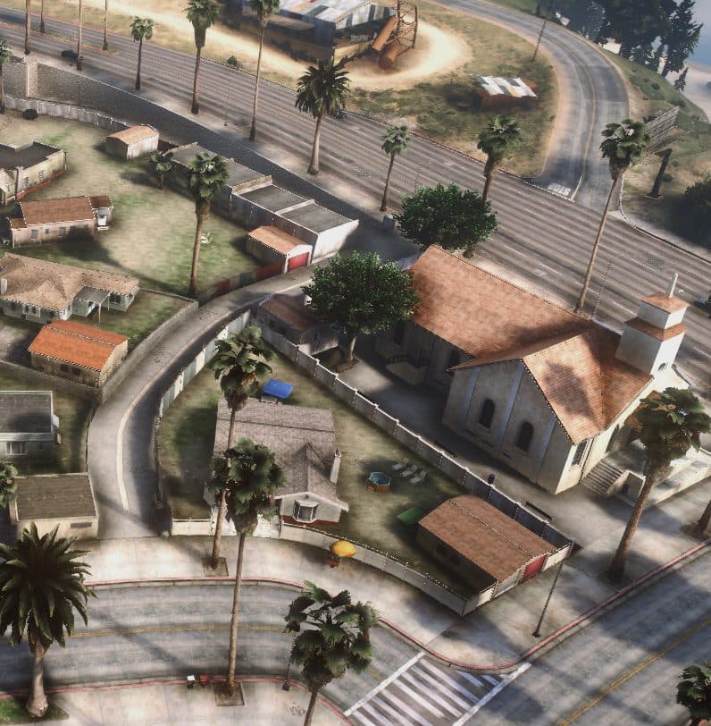 Aerial view of the chapel and surrounding neighborhood