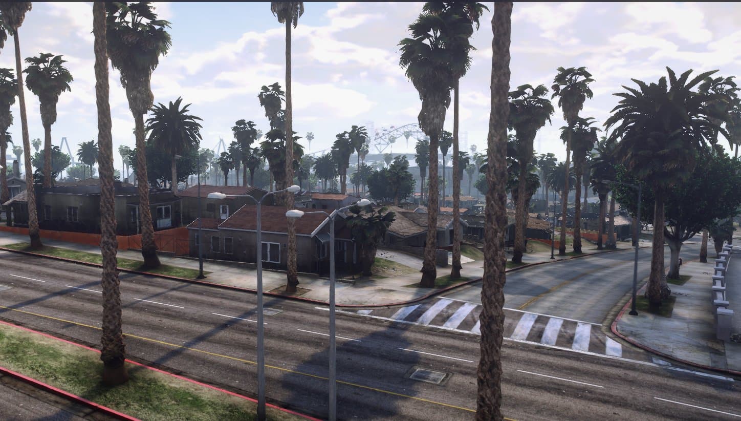 Palm-lined suburban street at golden hour