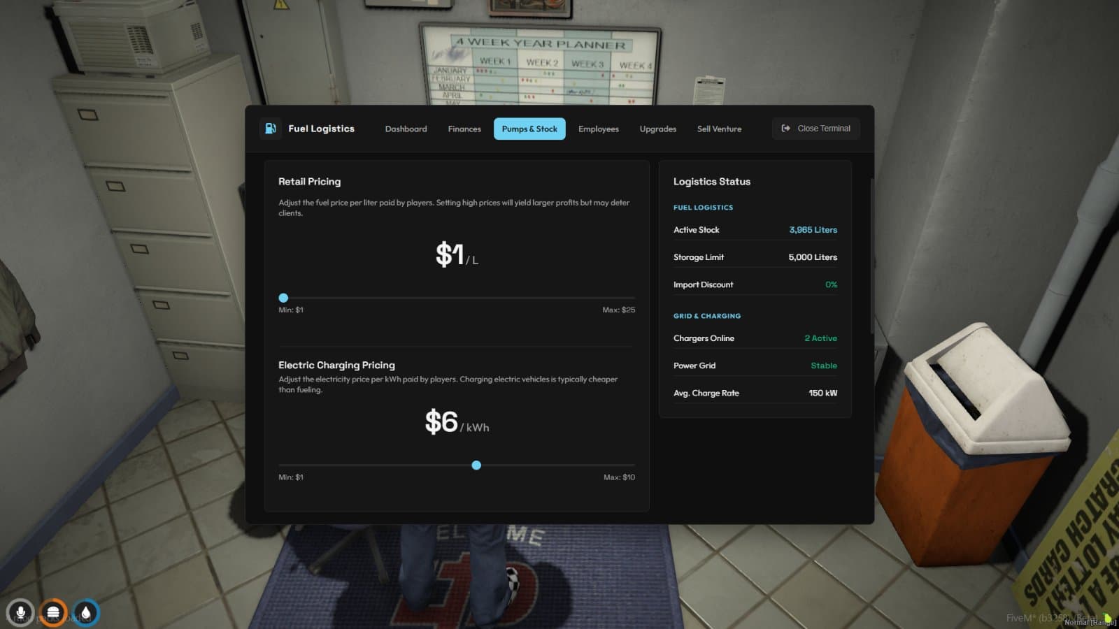 In-game fuel logistics terminal showing retail pricing, stock levels, and grid status